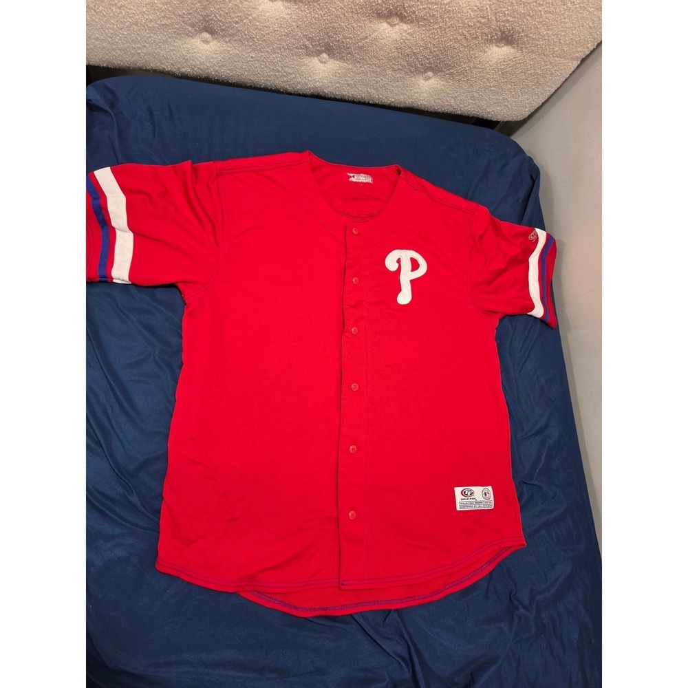 True Fan Philadelphia Phillies Baseball Jersey Red Mens XL Button Front MLB